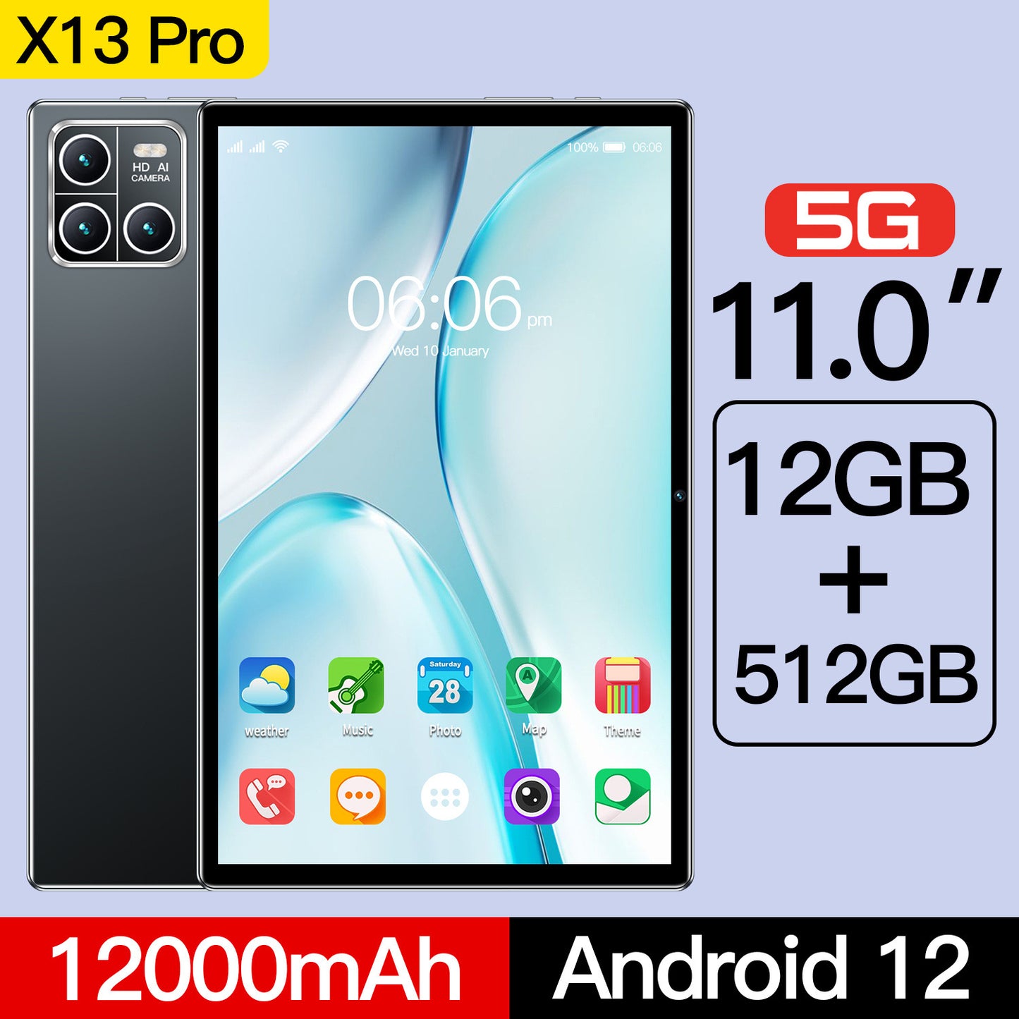 Tablette 10 Pouces X13 Android 14 - Google Bluetooth Appels